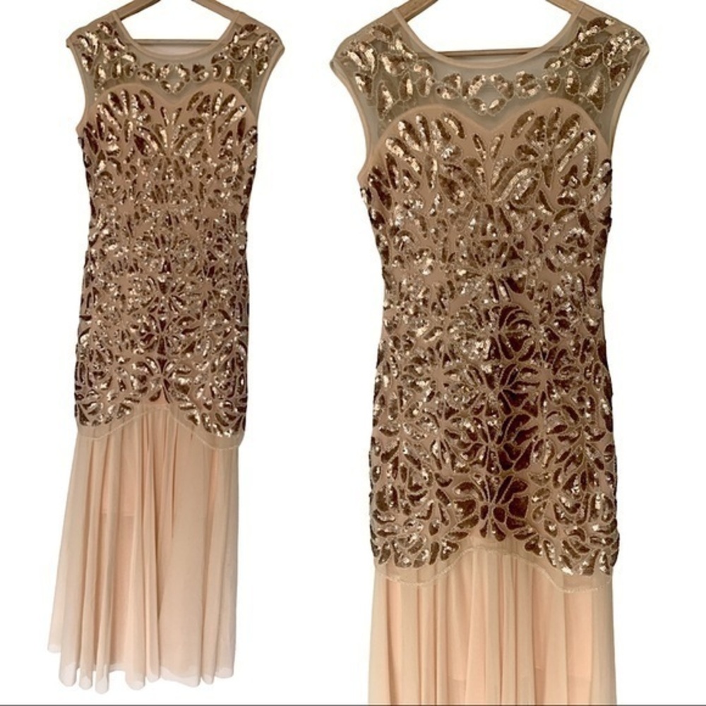 REDUCED! MARKDOWN! Sz S Peach Tulle & Bronze Sequin Formal Gown